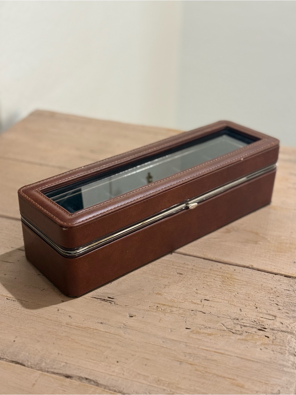Woodburry 6-Piece Watch Display Case – Brown Faux Leather Glass Top